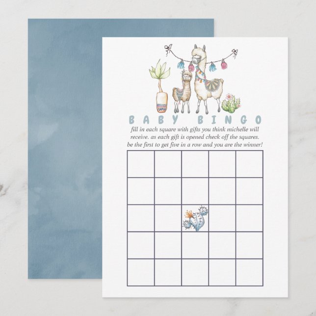 Convites Bingo de Chá de Bebê temático de Lhama em Aquarela (Frente/Verso)