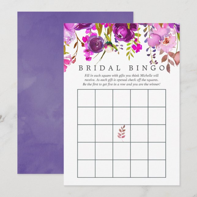 Convites Bingo de Chá de panela de Aquarela Roxo e Violeta (Frente/Verso)