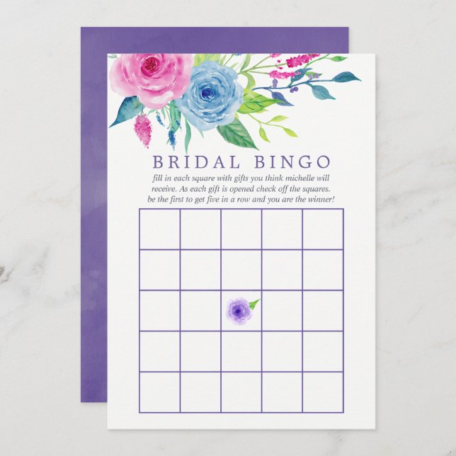 Convites Bingo de Chá de panela Floral Ultra Violet Waterco (Frente/Verso)