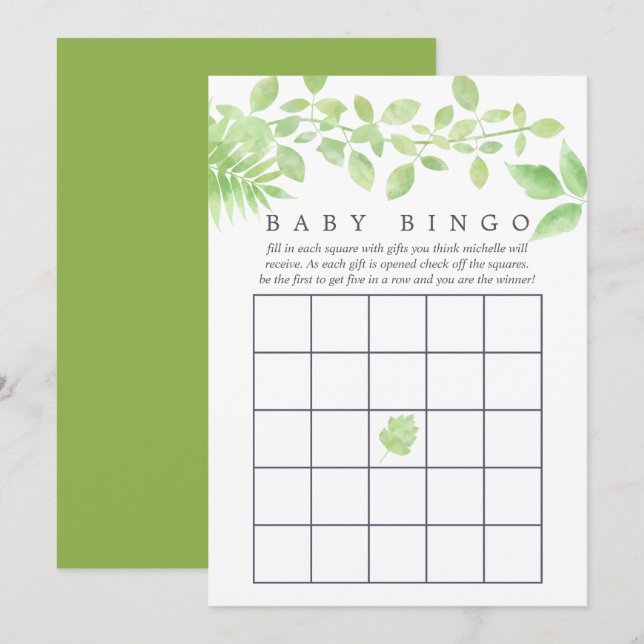 Convites Bingo de Chuvá de Bebê em Aquarela Verde (Frente/Verso)
