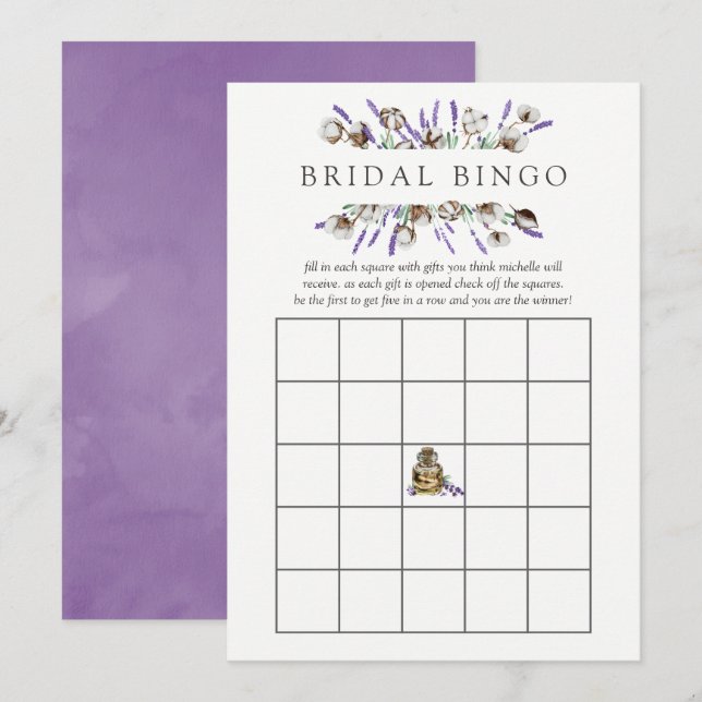 Convites Bingo de Chuveiro de Noiva Algodão Lavanda Aquarel (Frente/Verso)