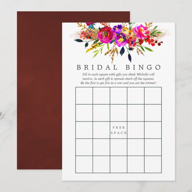 Convites Bingo de Chuveiro de Noiva com Florais em Aquarela (Frente/Verso)