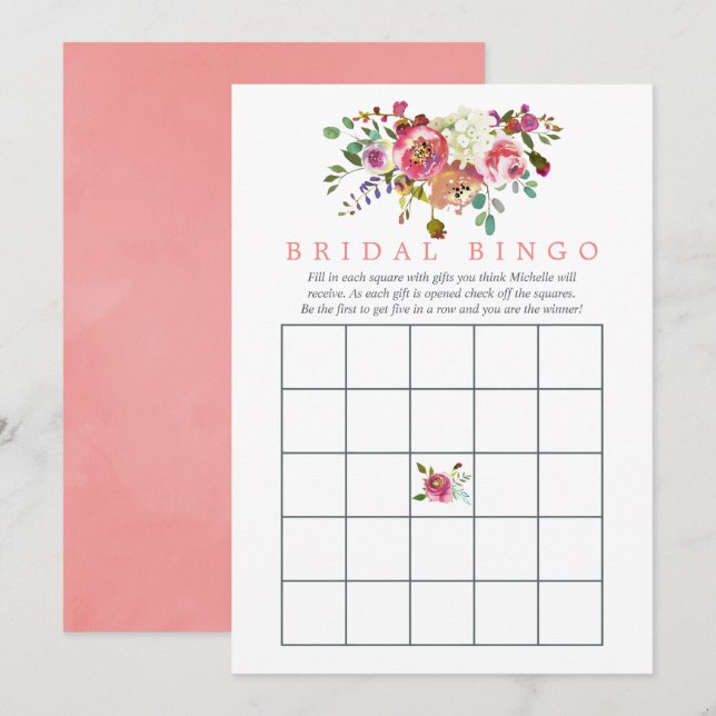 Convites Bingo de Chuveiro de Noiva Floral em Aquarela (Frente/Verso)