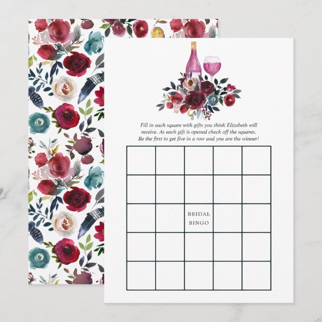 Convites Bingo Nupcial de Degustação de Vinho Boho Burgundy (Frente/Verso)