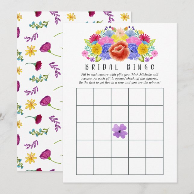 Convites Bingo Nupcial de Festa Floral Aquarela (Frente/Verso)