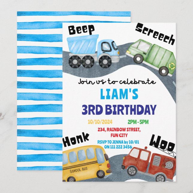 Convites Bipe de Transporte - Voz Azul Woo Boy Aniversário (Frente/Verso)