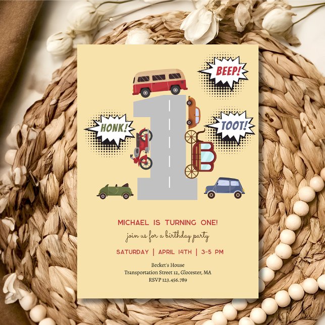 Convites Bipe honesto para veículos retro primeiro aniversá (Criador carregado)
