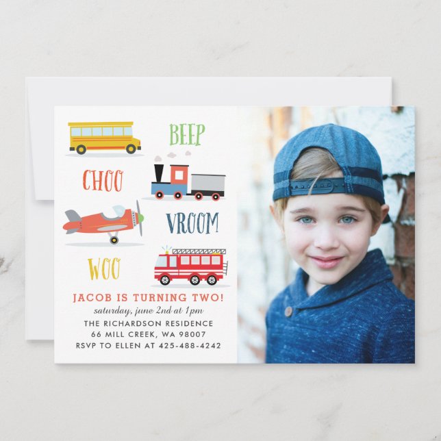 Convites Bipe vroom wooconvite de aniversário de fotos (Frente)