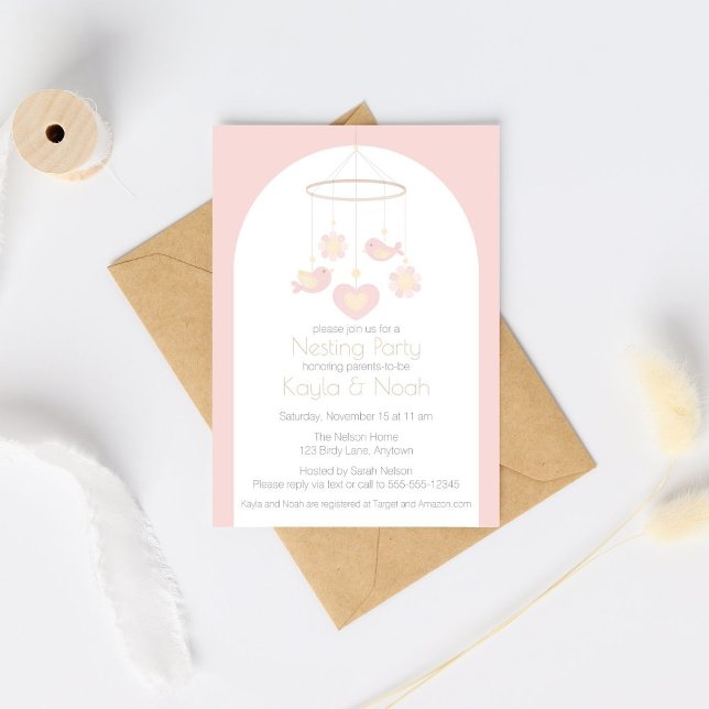 Convites Bird Mobile Nesting Party (Pink and yellow baby mobile Nesting Party Invitation for a girl baby shower)