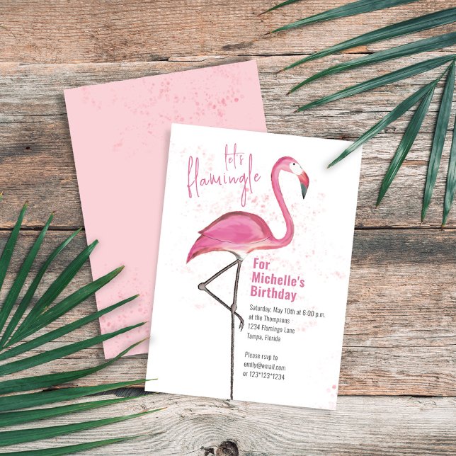 Convites Birday Watercolor Pink Tropical Beach Flamingo (Birthday pink flamingo invitation with "let's Flamingle" wording. )