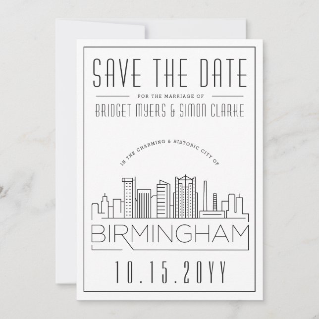 Convites Birmingham Wedding Stylized Skyline Salvar a Data (Frente)