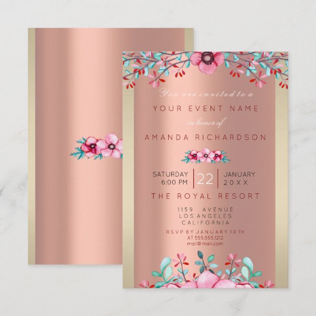 Convites Birthay 16th Bridal Floral Rosa Dourado Frame (Frente/Verso)