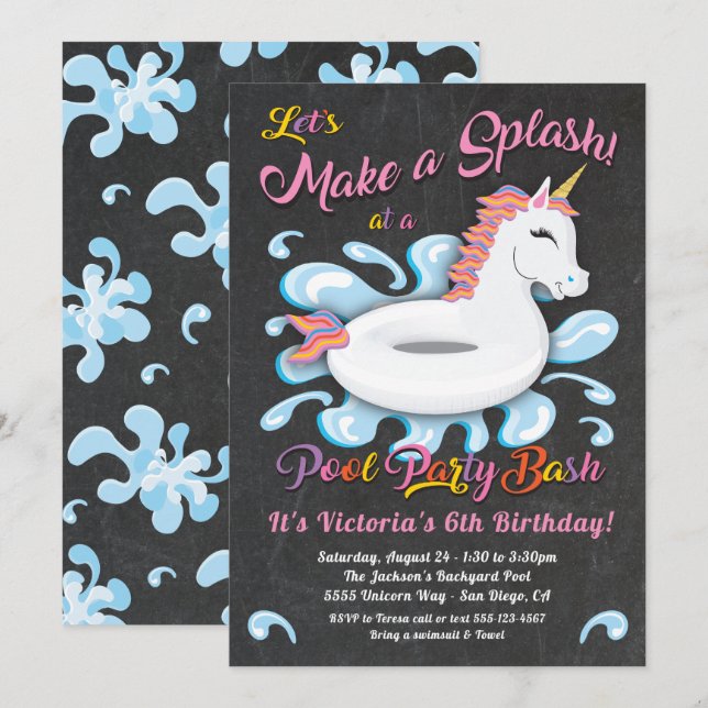 Convites Birthday Bash do Partido da Piscina do Unicórnio (Frente/Verso)