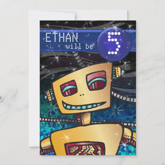 Convites Birthday Boy Robot Comic Book Hero Space SciFi (Frente)