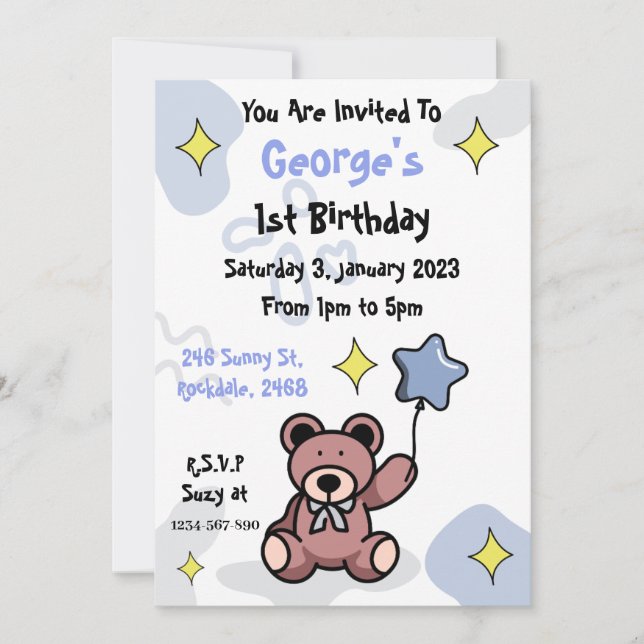 Convites Birthday Boy Teddy Bear (Frente)