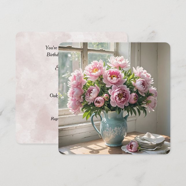 Convites Birthday Breakfast Brunch Peony Buquê (Frente/Verso)