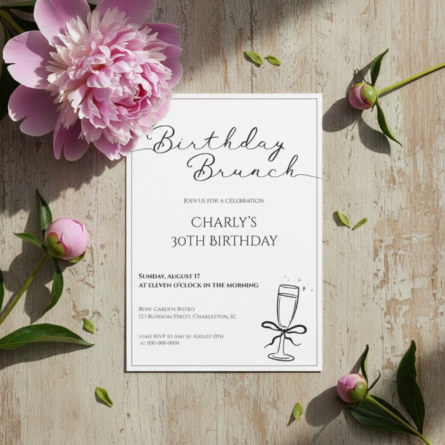 Convites Birthday Brunch Invitation for Women (Birthday brunch invitation with pink peony and buds on rustic wooden background.)