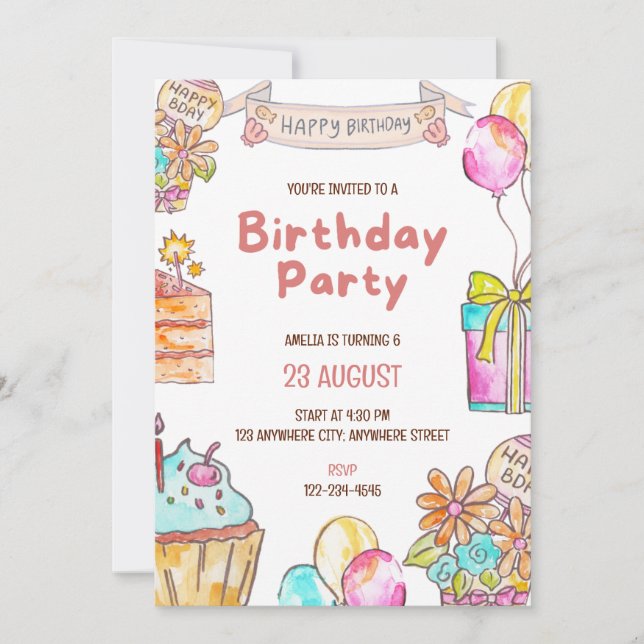 Convites Birthday Cake Kids Party Invitation  (Frente)