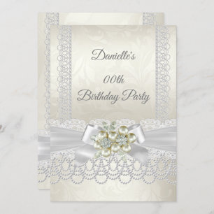 Convites Birthday Cream White Pearl Lace Damask Diamond