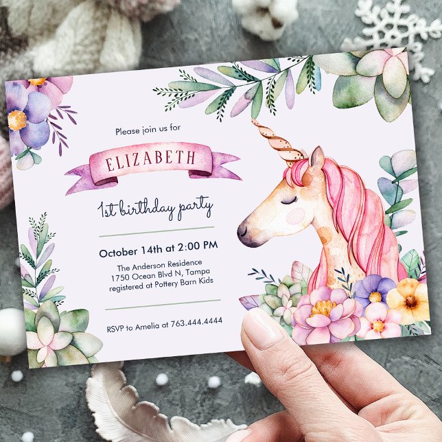 Convites Birthday da Flor de Água Púrpura (Purple Watercolor Flower Unicorn Girl Birthday Invitation)
