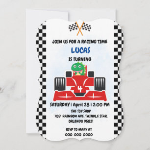 Convites Birthday Dinosaur, corrida de carros, garotinho ve