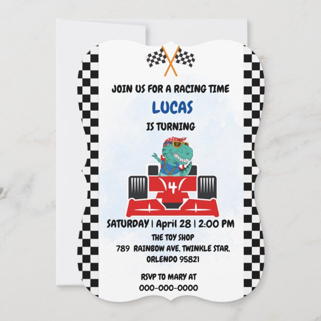 Convites Birthday Dinosaur, corrida de carros, garotinho ve (Frente)