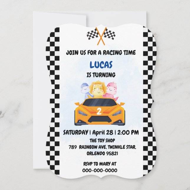 Convites Birthday Dinosaur, corrida de carros, garotinho ve (Frente)