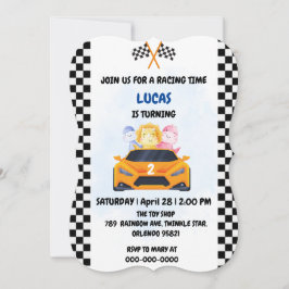 Convites Birthday Dinosaur, corrida de carros, garotinho ve