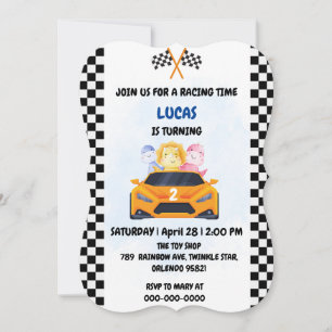 Convites Birthday Dinosaur, corrida de carros, garotinho ve