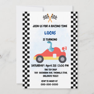 Convites Birthday Dinosaur, corrida de carros, garotinho ve