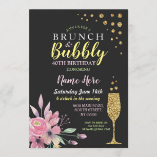 Convites Birthday Floral Brunch e Bubble Pink Invite