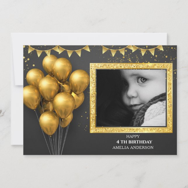 Convites  Birthday Gold Silver Black Balloons (Frente)