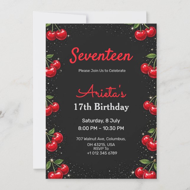 Convites Birthday invitation black back in cherries theme (Frente)