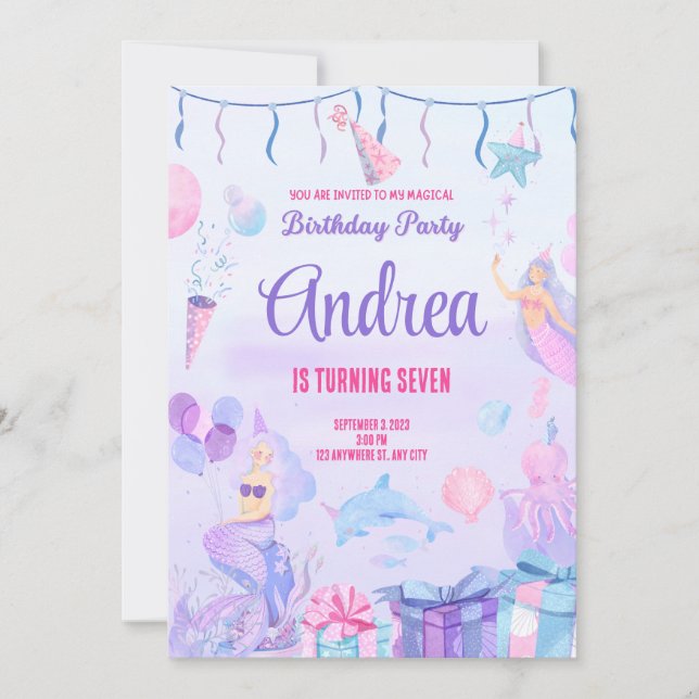 Convites Birthday invitation card. Mermaid for Girls.Custom (Frente)