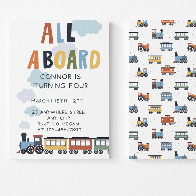 Convites Birthday Invitation Editable Template Modern Train (Criador carregado)