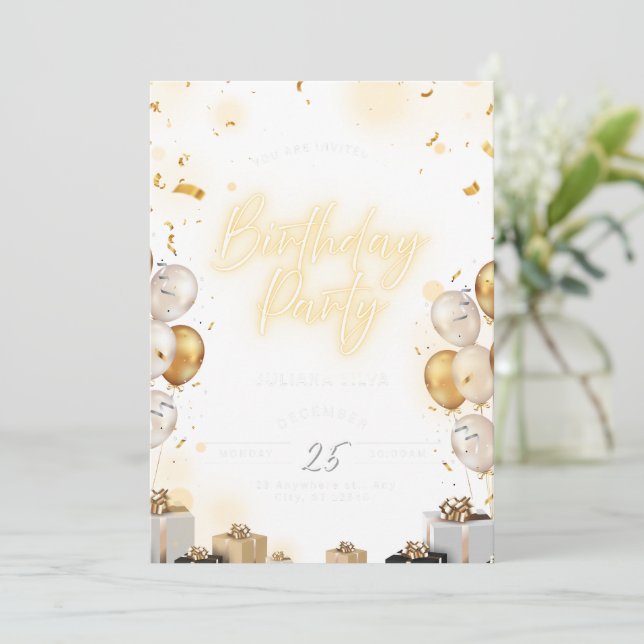 Convites Birthday Invitation Pink Aesthetic Cute Design (Em pé/Frente)