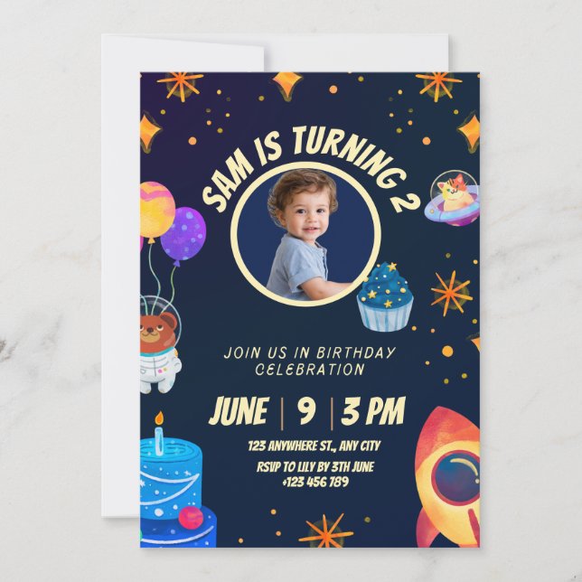 Convites Birthday Invitation Space Rocket for kids  (Frente)