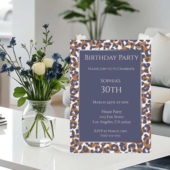 Convites Birthday-Leopardo-Padrão-Azul e Castanho- (Leopard Pattern-Blue and Brown- Birthday Invitation 
)