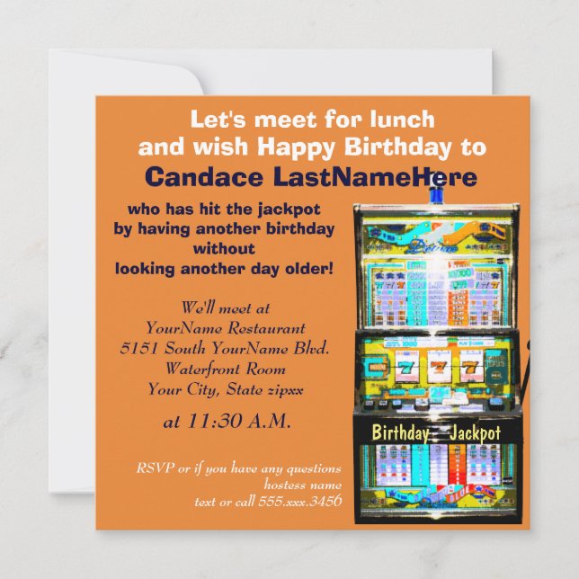 Convites Birthday Luncheon Slot Machine Jackpot (Frente)