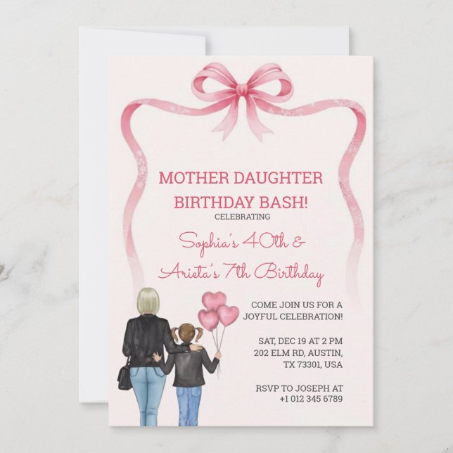 Convites Birthday mother daughter pink bow theme  (Frente)