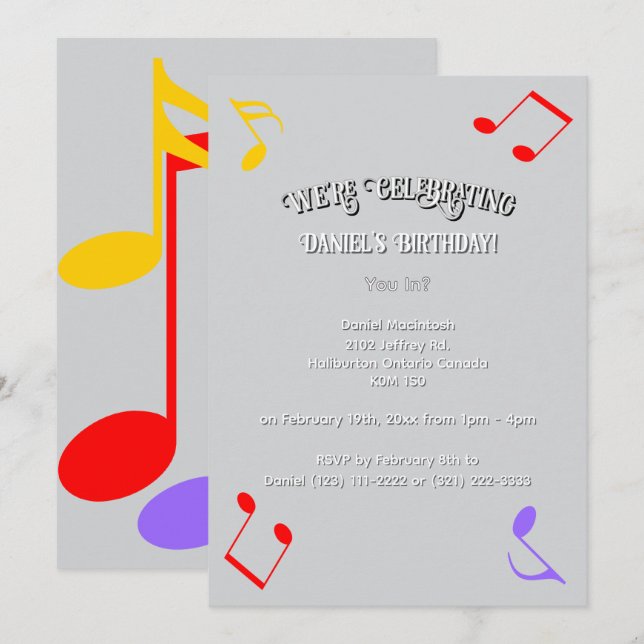 Convites Birthday Music Notes Invitation (Frente/Verso)