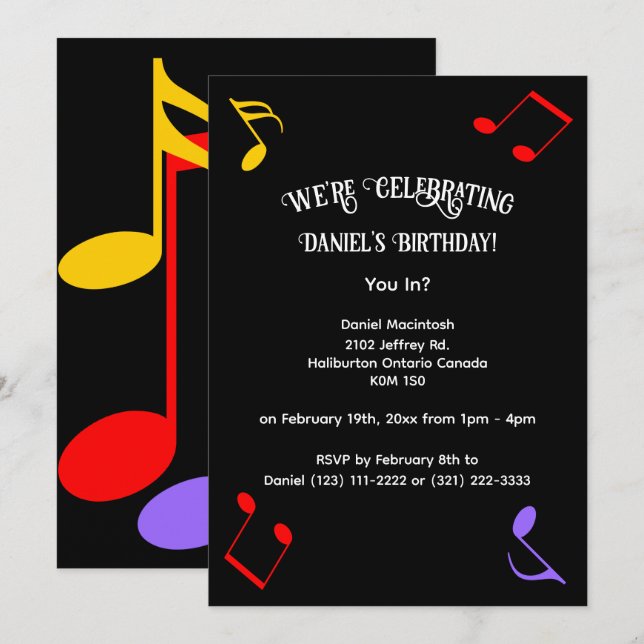 Convites Birthday Music Notes Invitation (Frente/Verso)