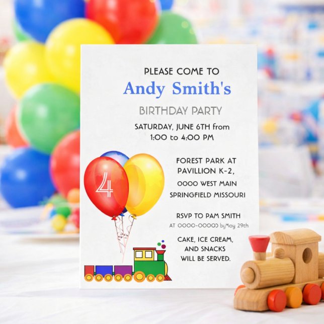 Convites Birthday Party Balloons & Train  (Editable birthday invitation template for boys  personalize name, age, and details)