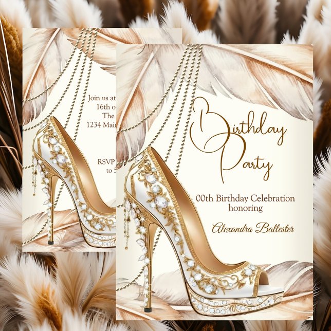 Convites Birthday Party Beige Cream Gold Heel Stiletto Shoe (Criador carregado)