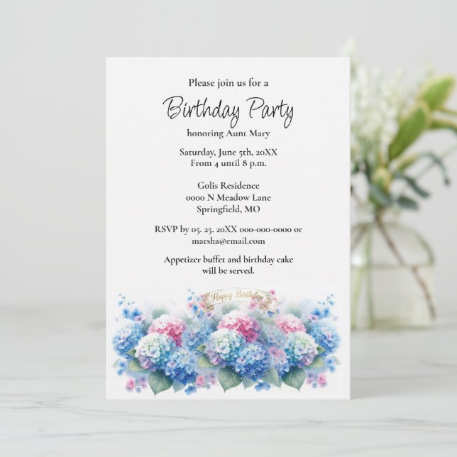 Convites Birthday Party Blue Hydrangea Flower Invitation (Em pé/Frente)