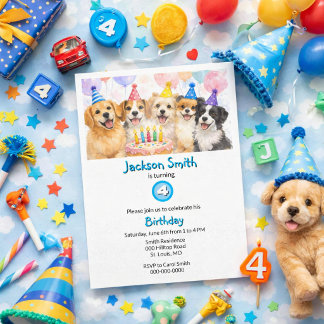 Convites Birthday Party Dogs Watercolor Boys 