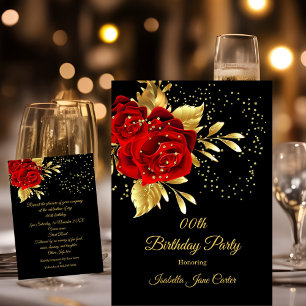 Convites Birthday Party Exotic Red Rose Black Floral Gold 2