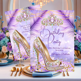 Convites Birthday Party Lilac Teal Tiara Gold Heel Stiletto