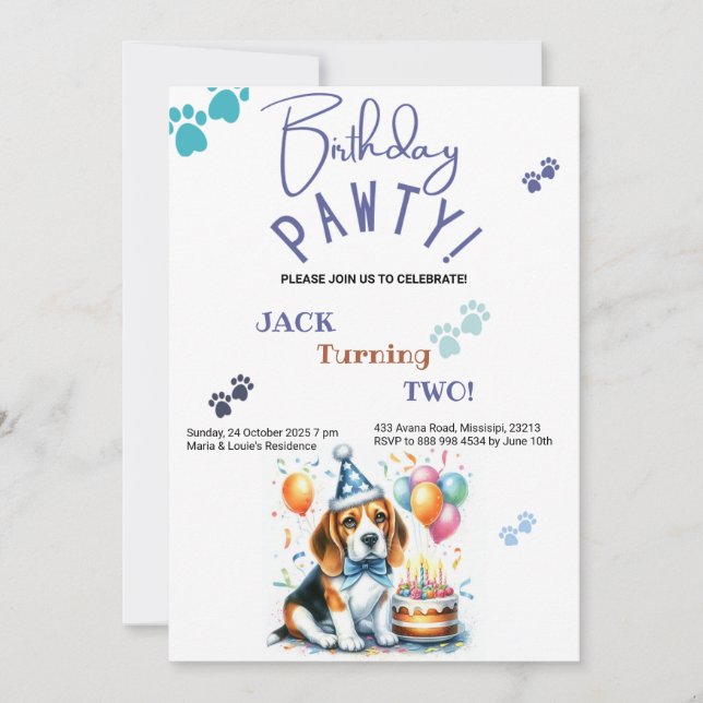 Convites Birthday Pawty Beagle Dog Personalizado Aniversári (Frente)