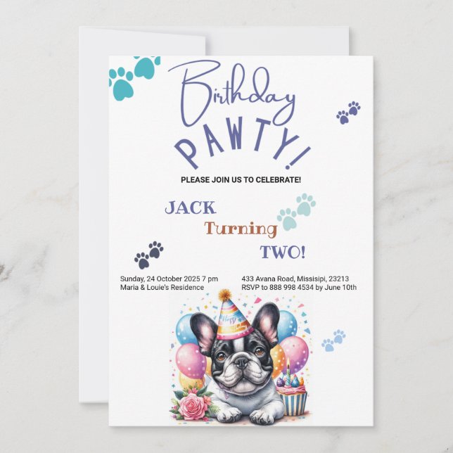 Convites Birthday Pawty French Buldogue Dog Aniversário (Frente)